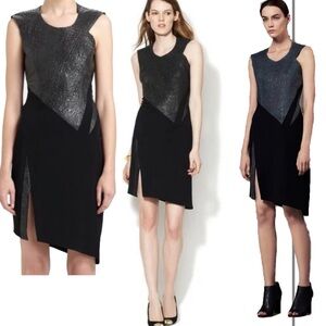Helmut Lang black two-tone lamb leather silk asymmetrical sheath dress 6